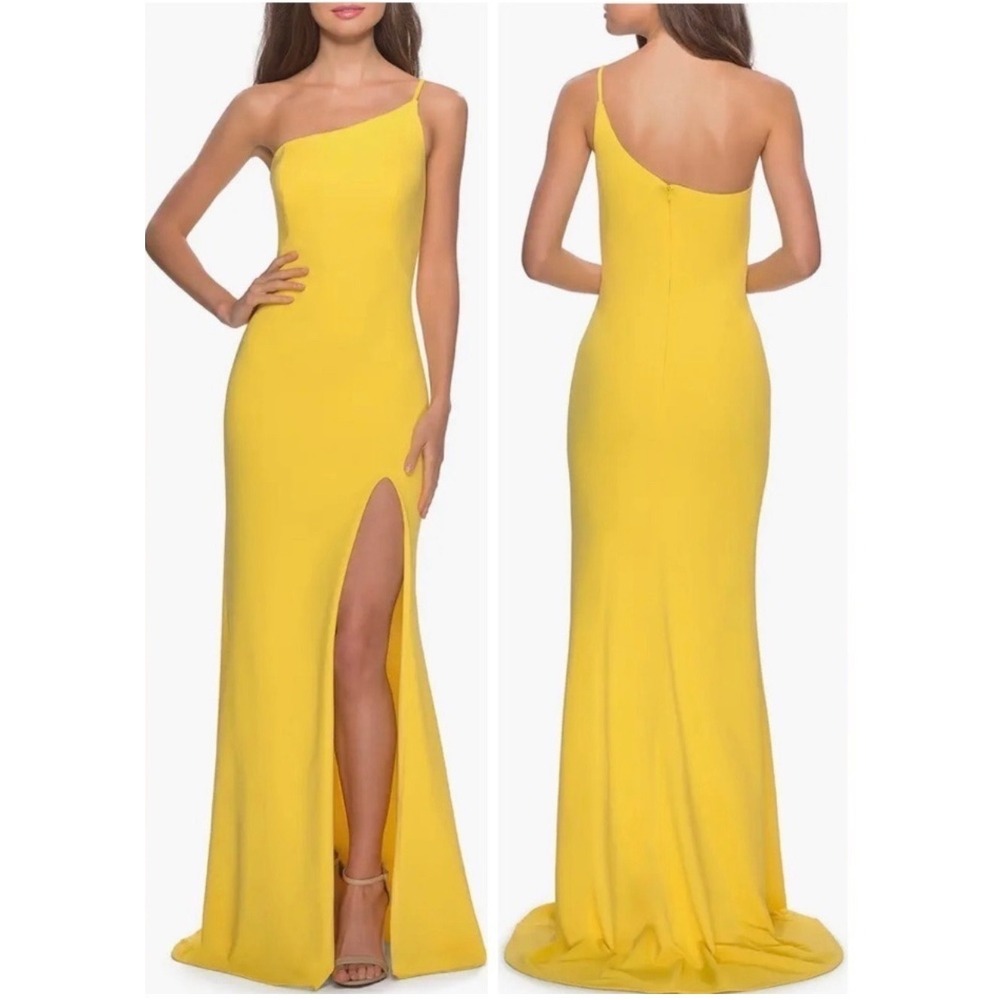 NWT La Femme 28176 One Shoulder Jersey Gown in Yellow Sz 6 $228